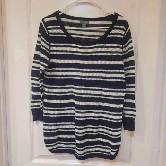 Eddie Bauer: Navy Blue White Striped Stretch Sweater - Picture 10 of 10